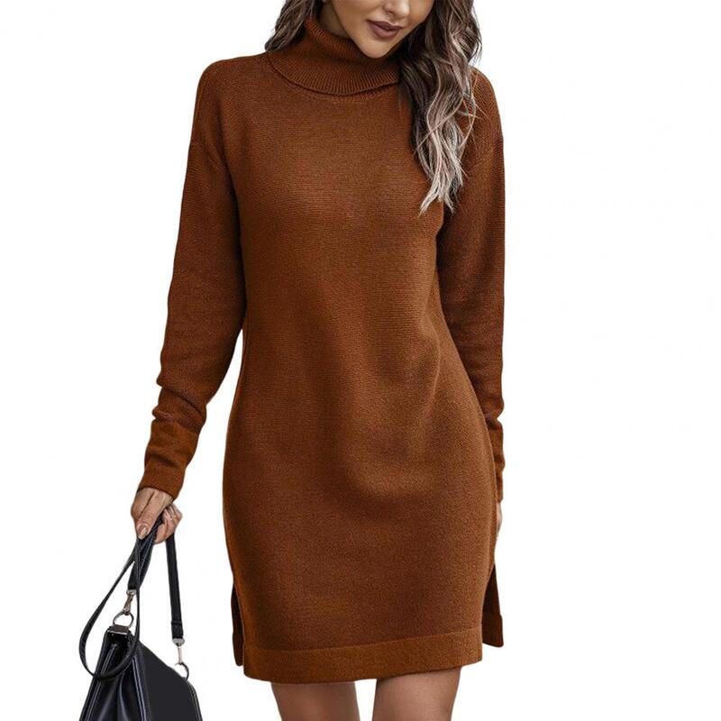 Turtleneck Long Sleeve Side Split Hem Pullover Dress Ladies Autumn Winter Solid Color Loose Knitted Sweater Dress Streetwear
