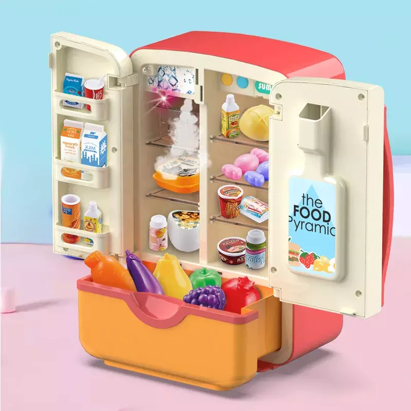 Crianças brinquedo geladeira acessórios com dispensador de gelo papel jogando aparelho para crianças cozinha conjunto de alimentos brinquedos para crianças presente