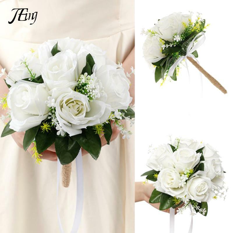 Silk Wedding Bouquets Holding Flowers Artificial Natural Rose Wedding Bouquet White Champagne Bridesmaid Bridal Party