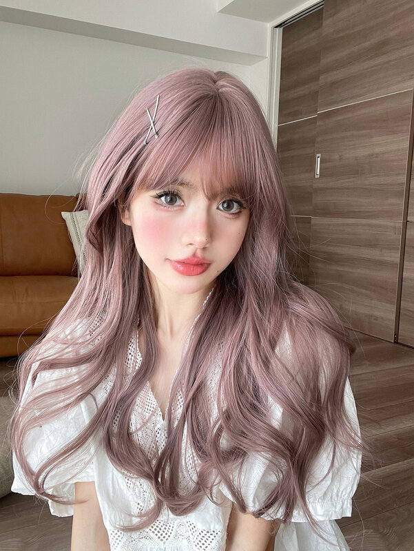Wig sintetis warna ungu pucat 24 inci dengan poni rambut palsu alami panjang untuk wanita penggunaan sehari-hari Cosplay pesta tahan panas