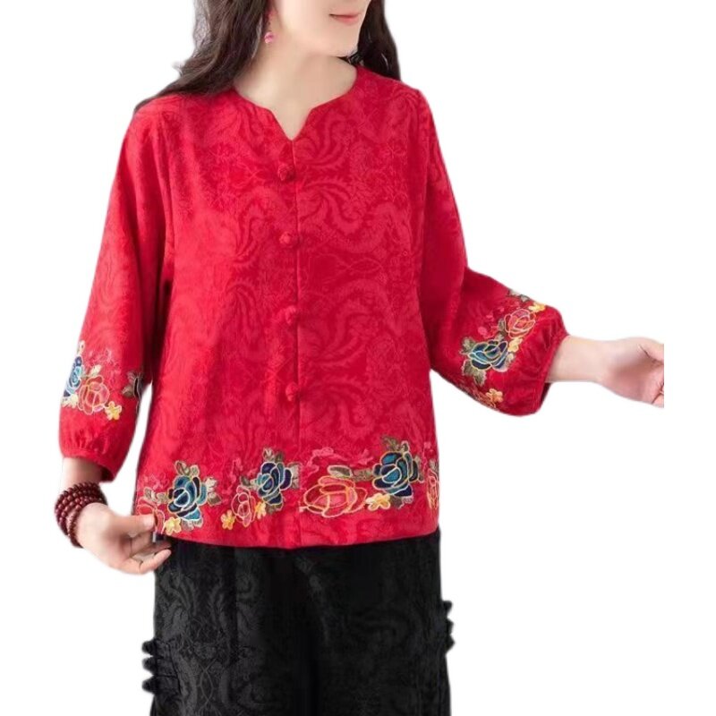 Jaqueta bordada estilo chinês para mulheres, hanfu, casaco étnico curto, terno tang, tops vintage feminino, gola alta, preto, outono, inverno, novo