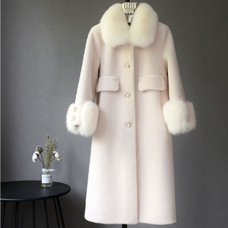 Casaco de pele natural real feminino de peito único, casaco grosso de lã quente, streetwear luxuoso solto, nova moda, desconto, inverno