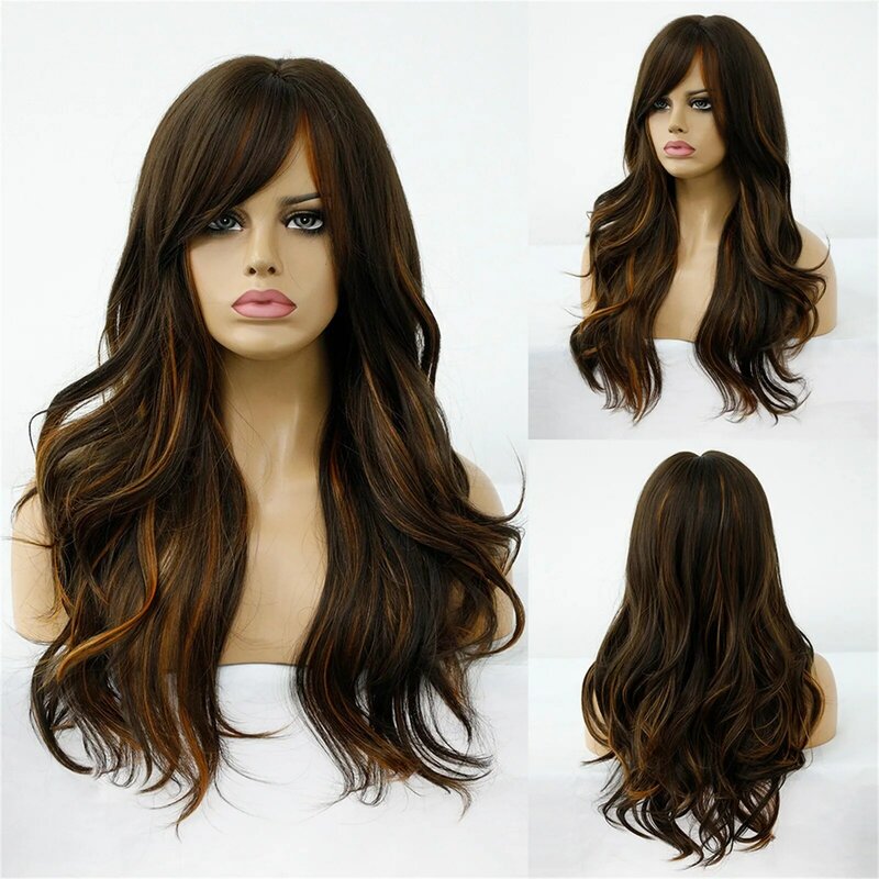 Wig Eight-Character Bangs Brown Black Highlights Wave Long Curly Wig Daily All-Match Matching Wig Natural Full Head Cover Wig