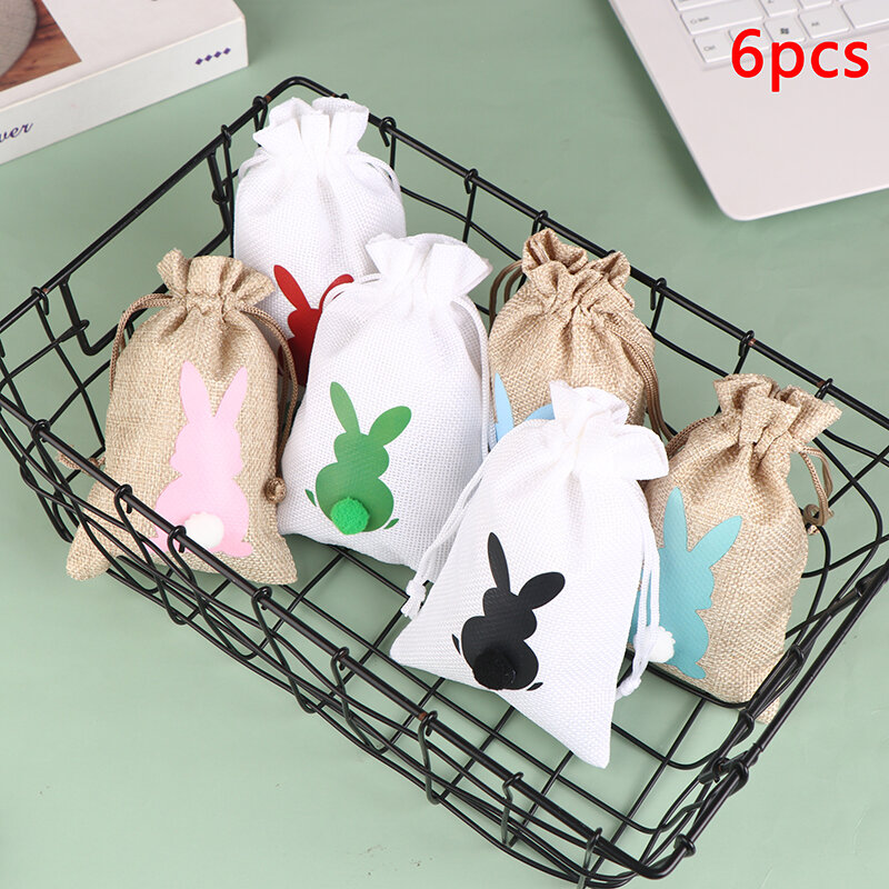 6 buah tas tali kecil Linen bentuk hati kantung dapat dipakai ulang tas kemasan hadiah tas permen pesta