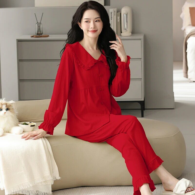 Pijama de manga larga con cuello de muñeca de estilo princesa para mujer, cárdigan de algodón, traje de muebles para el hogar, Color rojo, moda de otoño y primavera