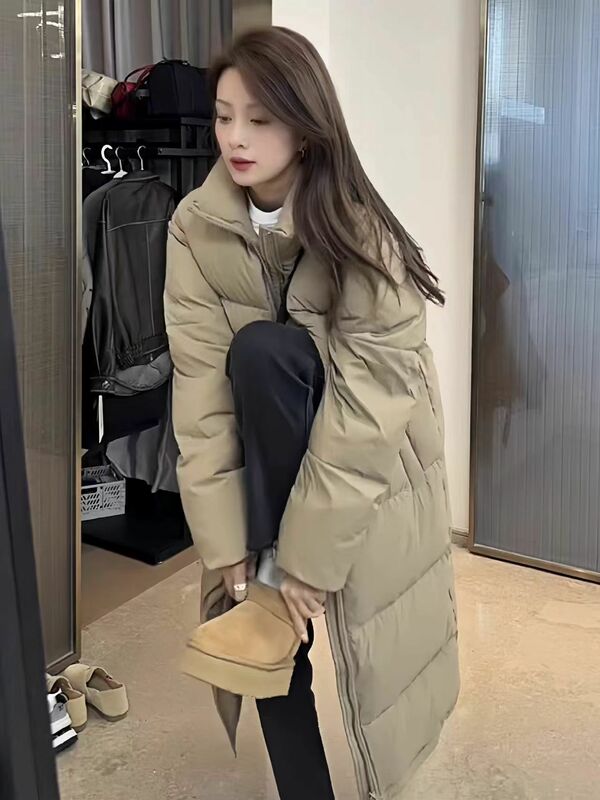 Stehkragen lange Daunen jacke, modische Jacke im koreanischen Stil, modische weiße High-End-Daunen jacke für Damen, Winter für Damen