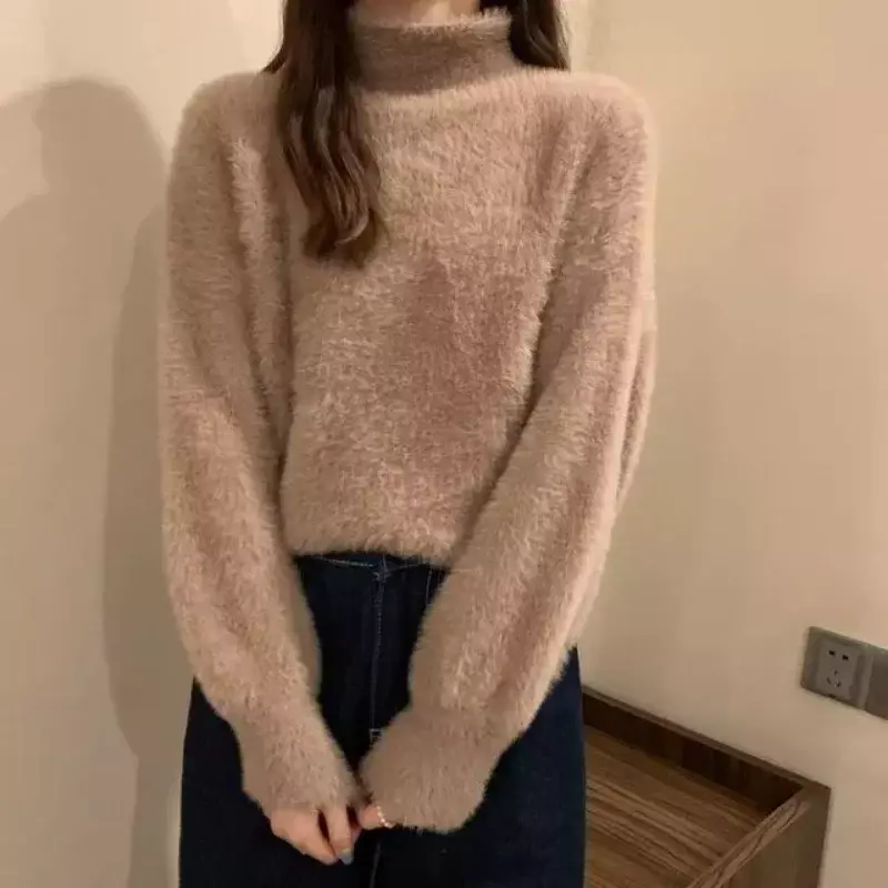 Autumn Winter Women Sweaters Fashion Female Long Sleeve Mock Neck Pullover Knitting Shirts Casual Mohair Knitted Sweater