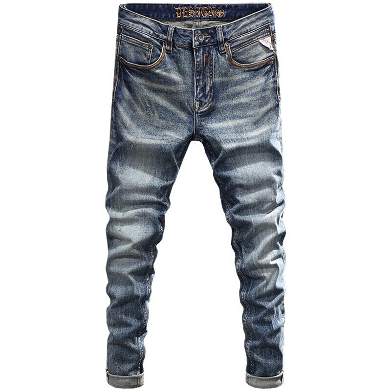 Fashion Designer Men Jeans Trendy Trousers High Quality Retro Blue Elastic Slim Fit Vintage Jeans Men Casual Denim Pants Hombre