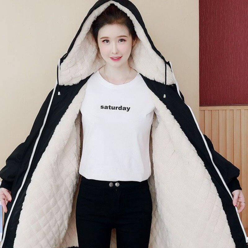 2023 New Women Down Cotton Coat Winter Jacket Female Mid-length Loose Parkas Thicken Brushed Warm Outwear Hooded Overcoat