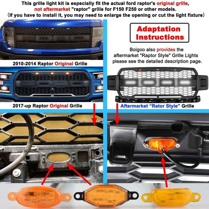 포드 랩터 F150 용 전면 그릴 조명, 2010-2014 및 2017-2021 스모크 렌즈, 노란색 LED 주차 앰버 라이트, 6X