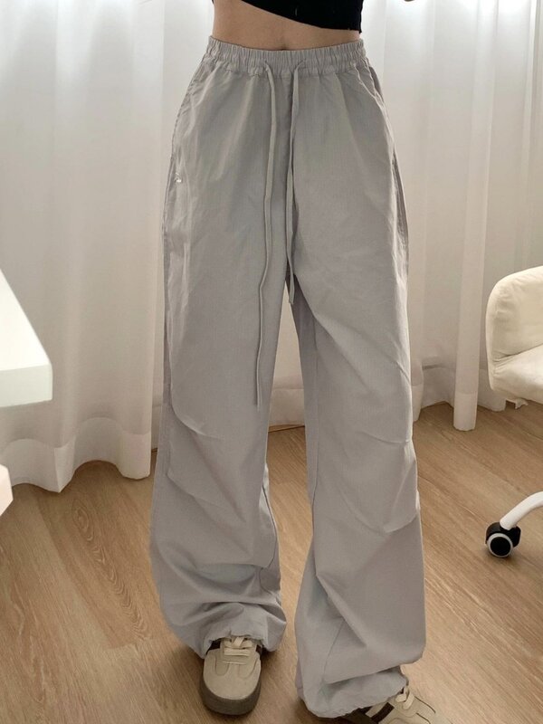 HOUZHOU Y2k Grey workowate spodnie dresowe do biegania Vintage kobieta Oversize koreańska moda sportowa spodnie Harajuku Streetwear letnie