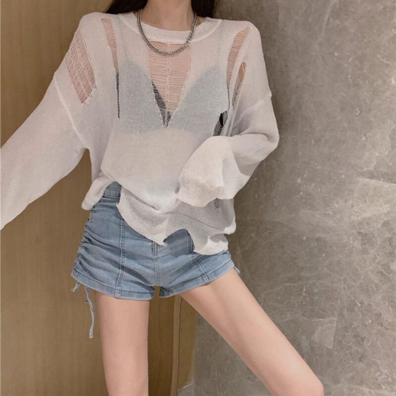 Pullovers Women Hollow Out Simple All-match See-through Korean Style Hot Girl Casual Personality Cozy Breathable Summer Knitwear