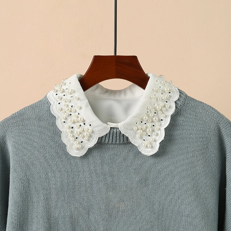 Faux Beaded Fake Collar Women White Dickey Embroidery Scalloped Half Shirt drop shipping