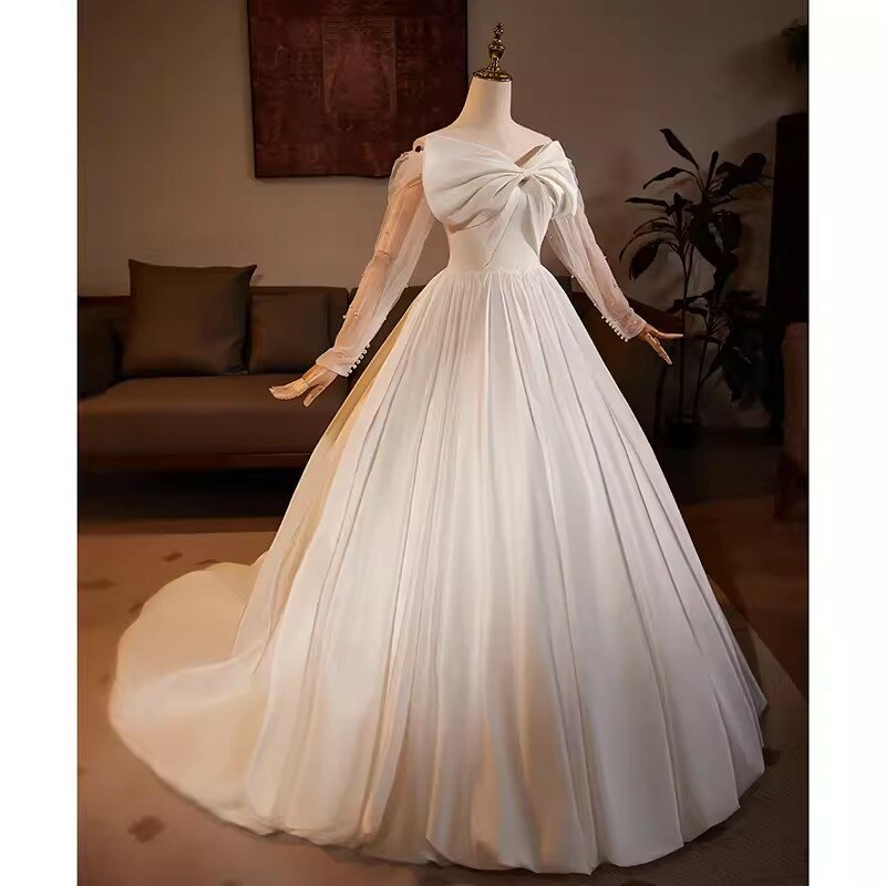 Immagine reale eleganti abiti da sposa bianchi Illusion manica lunga fiocco abito da ballo in raso abito da sposa abiti da sposa 2024