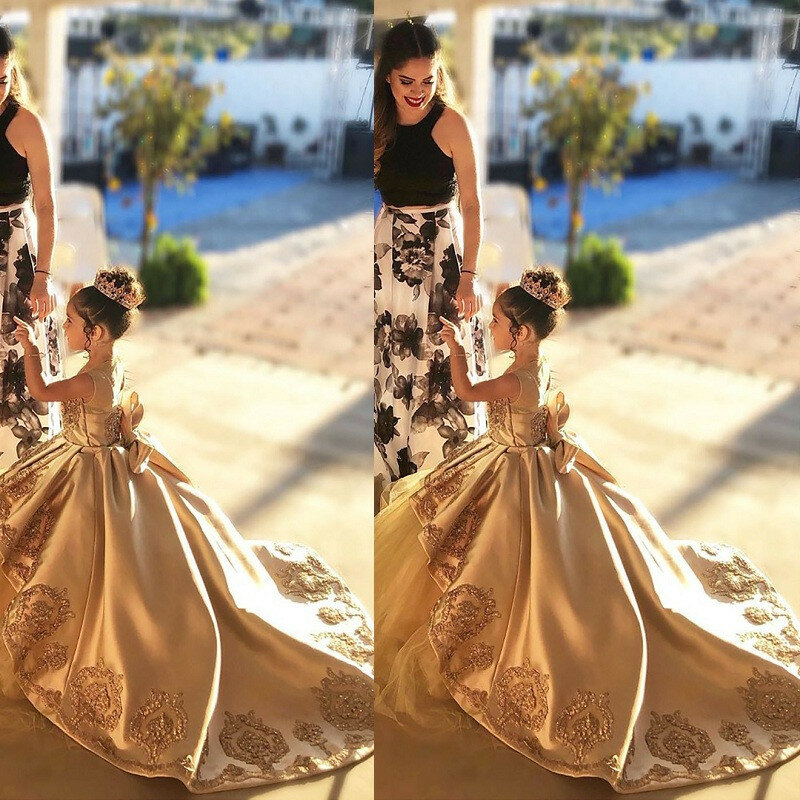 Gaun Gadis Bunga Renda Emas Mewah untuk Gaun Pesta Ulang Tahun Pernikahan Kontes