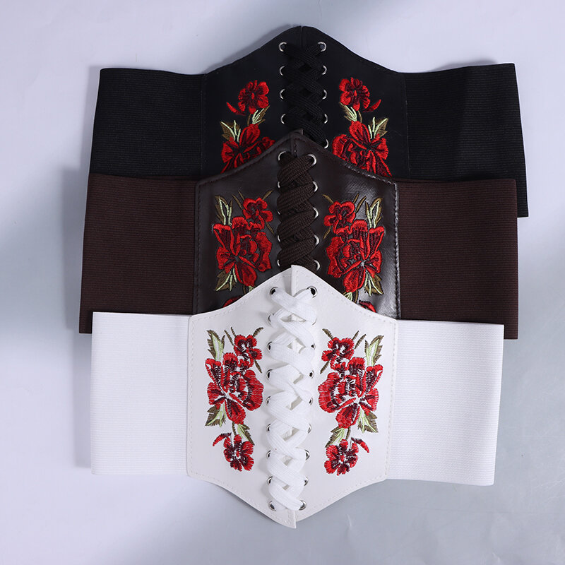 Ceinture corset gothique pour femme, Cummerbunds brodés de fleurs en PU, ceinture amincissante pour femme, ceinture large noire, mode vintage, 1PC