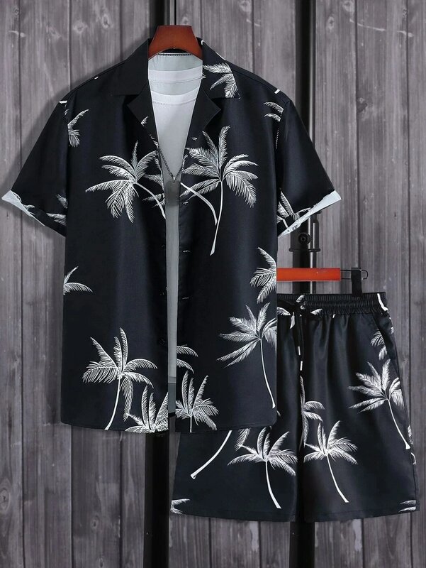 남성용 3D 프린트 비치 셔츠 세트, 코코넛 나무 격자 무늬 라펠 반팔, 캐주얼 셔츠, 여름 스트리트웨어, 하와이안 슈트
