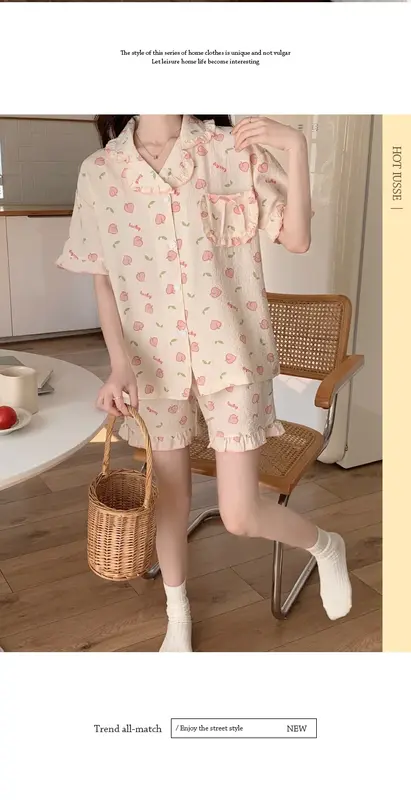 Women Pajamas Sets Summer 2 Piece Peaches Print Pyjama Pochet Buttons  Down Sleepwear Short Sleeve Pijama Mujer Pjs Homewear