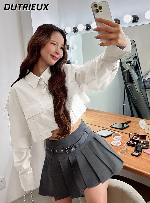 Wiosenno-letnia damska bluzka styl japoński słodka urocza luźna bluzka jednorzędowa jednokolorowa koszula z długim rękawem