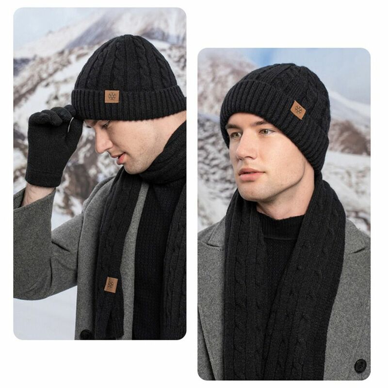 Topi Beanie hangat untuk pria & wanita, Set topi Beanie musim dingin 3 dalam 1 kasual modis, syal rajut panjang lembut untuk pria dan wanita
