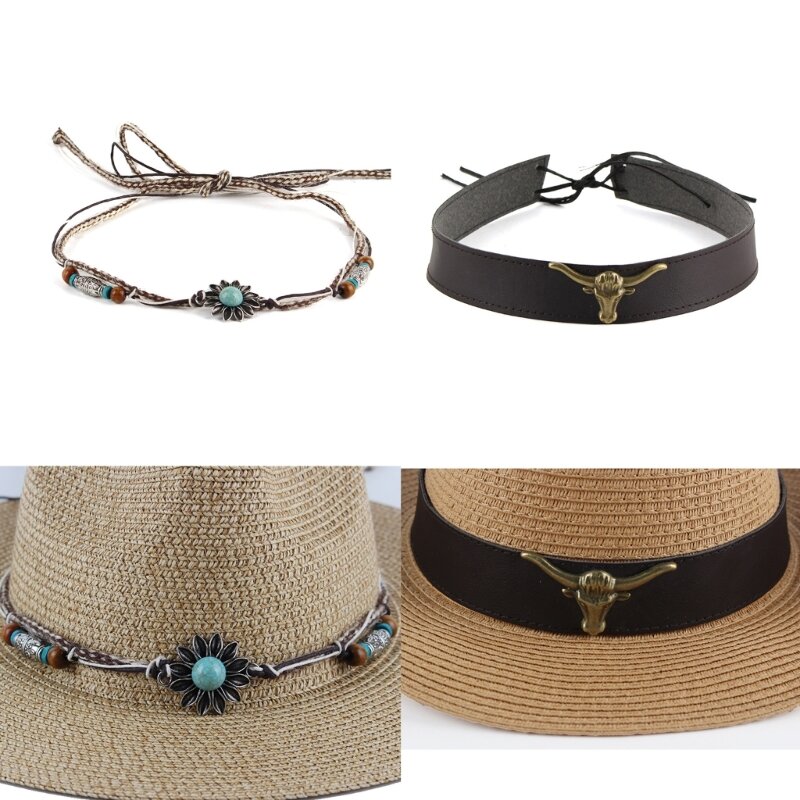 4 Styles Straw Hand-Wovening Hat Rings Retractable Adjustable Cowboy Hat Belt