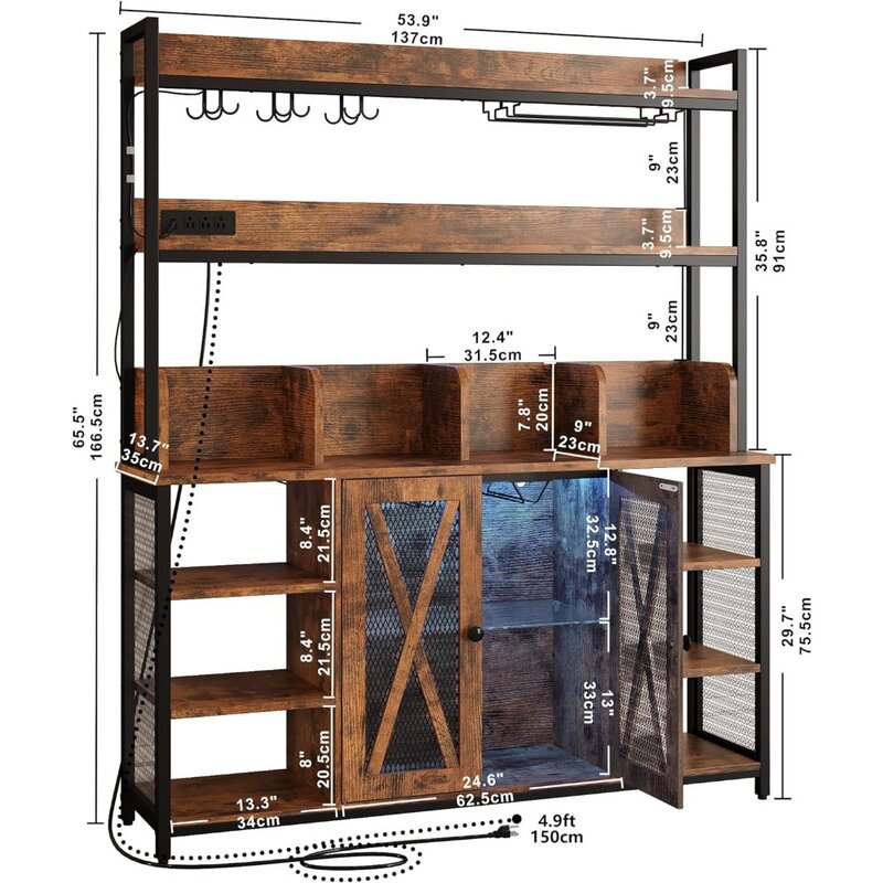 IRONCK Coffee Bar Cabinet with Power Outlet, Industrial Buffet Cabinet with LED Strip and Glass Holder, 3-Tiers Liquor Cabinet