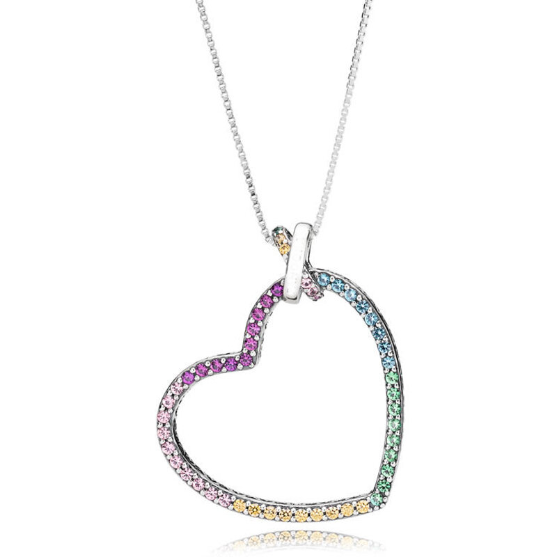 Sparkling Love Message Timeless Pave Round Rainbow Regal Heart  925 Sterling Silver Necklace For Popular Bead Charm DIY Jewelry