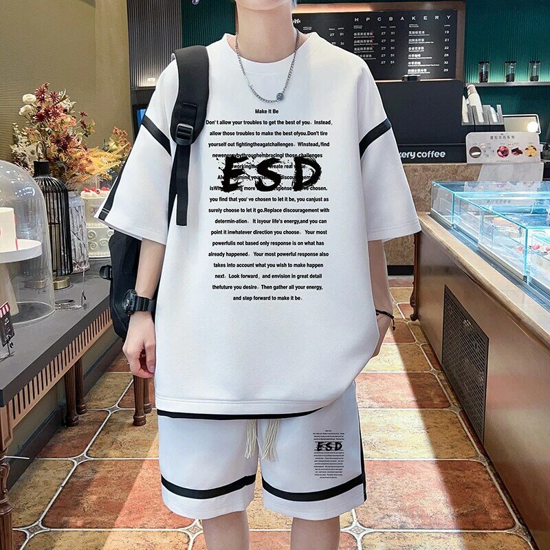 2-częściowe męskie szorty Letni wzór wafla Koreańska moda Casual O Neck Half Sleeve T Shirt Szorty Oversized Loose Print Set