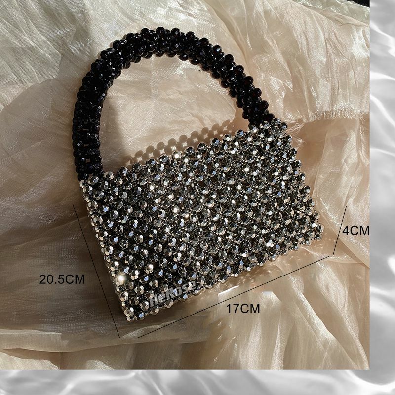 Black and Silver Small Square Handbag Handmade Beaded Crossbody Bags for Women Matte Texture Purses and Handbags Acrylic Bag