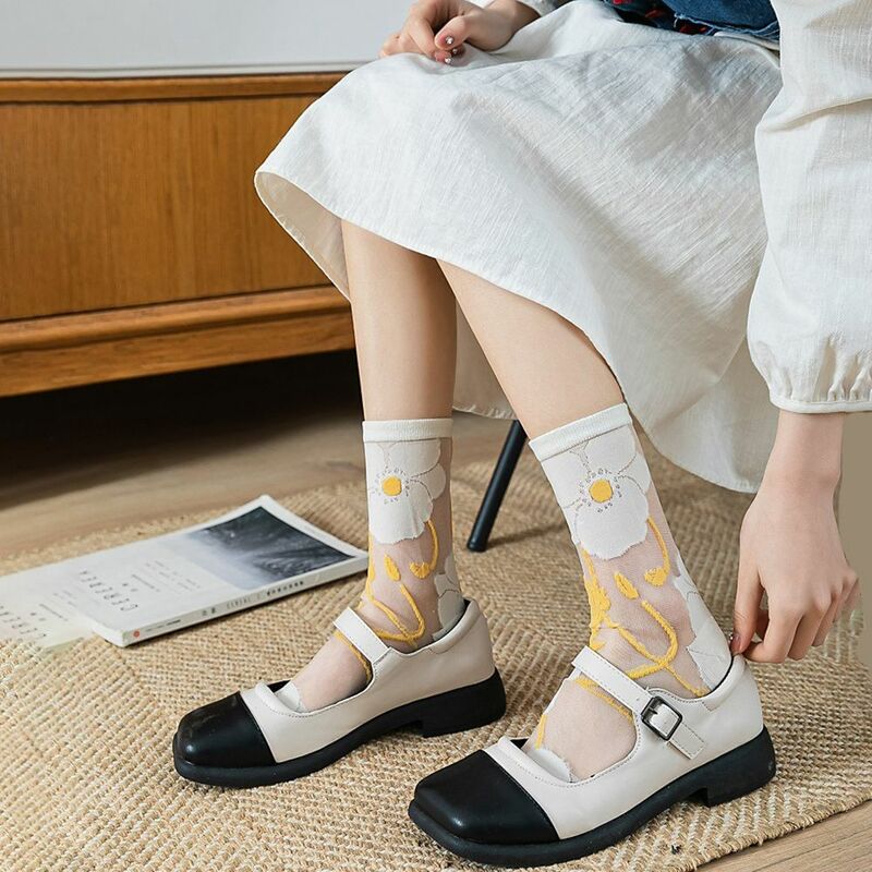 Breathable Ultra-thin Mesh Crystal Silk Socks Korean Summer Floral Hosiery Middle Tube Socks Flower Socks Women's Socks