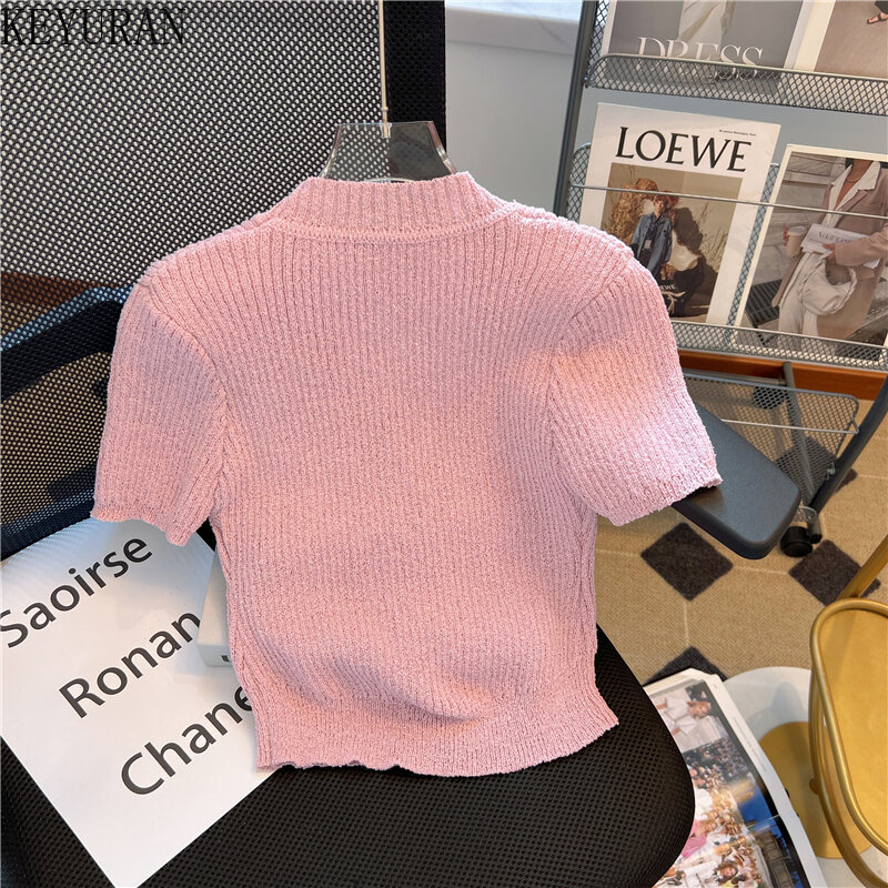 2024 Summer Knitted Cardigan Women Vintage V-Neck Single Breasted Short Sleeve Sweater Knit T-Shirt Crop Tops Y2K Sexy Slim Tees