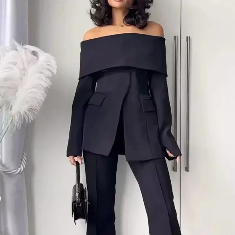 2023 Autumn Office Women's Two Piece Set Simple Off Shoulder Long Sleeve Solid Color Suit Top Loose Pants Suit Street Wear