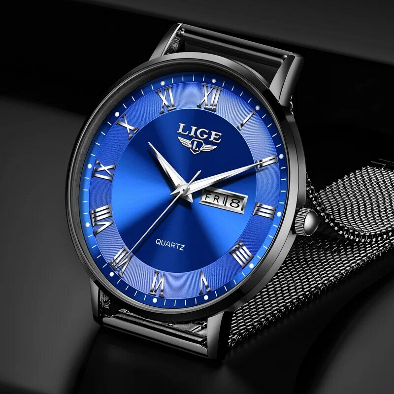 LIGE 남성용 초박형 시계, 미니멀리스트, 심플한 비즈니스, 스테인레스 스틸 쿼츠 시계, 날짜 주 손목시계