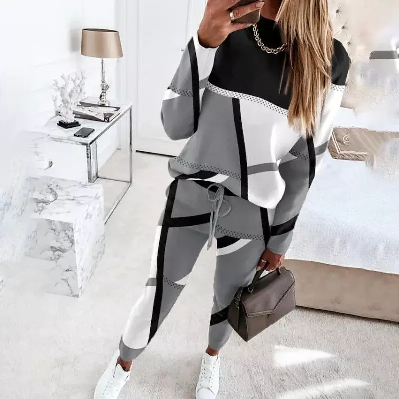 European and American women's 2024 new two-piece set with contrasting printed long sleeved round neck casual fashion set YBF9-3