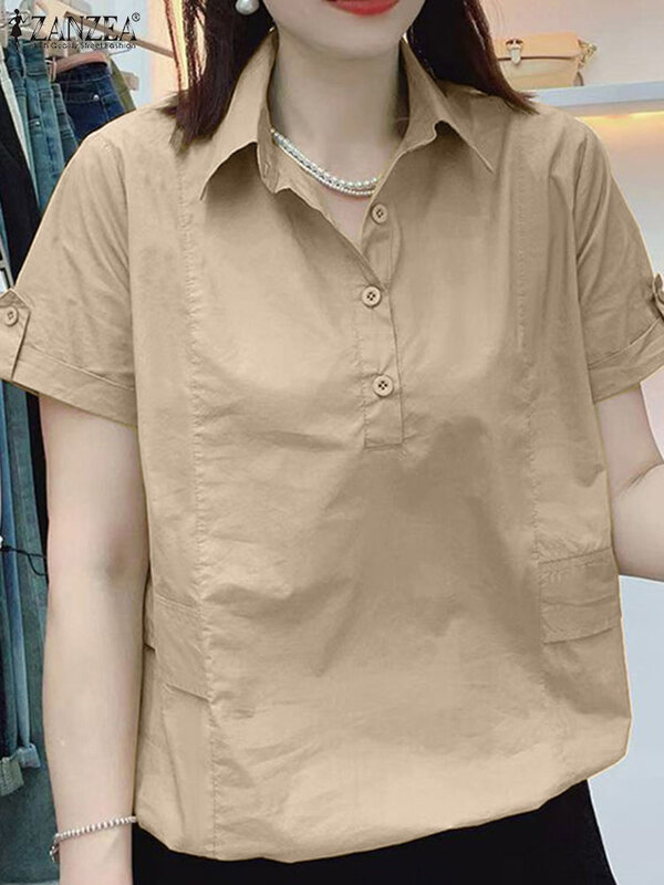 Рубашка ZANZEA женская с коротким рукавом, модная Повседневная Блузка с отложным воротником, однотонная шикарная уличная одежда в Корейском стиле, в стиле пэчворк
