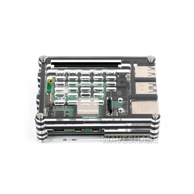 Waveshare Transparent and Black Acrylic Case for Raspberry Pi 5, Supports installing Official Active Cooler
