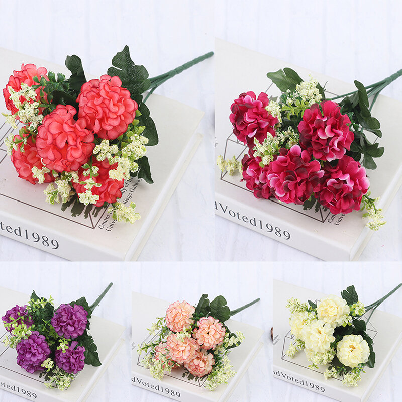 人工シルクアジサイの花,花の保持,偽の花,ウェディングブーケ,家の装飾,1つの花束,5つのヘッド