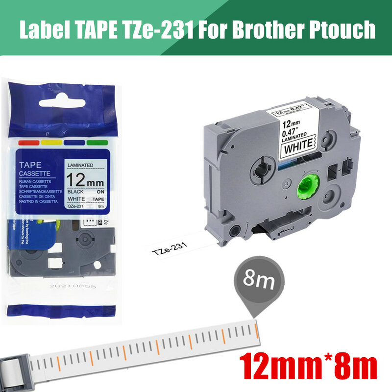 Cinta de repuesto Brother Ptouch TZ de 1-5 PK, 12mm, 0,47 ", TZe-231, uso para TZ-231, PTD600, PTD400AD, etiqueta laminada, PT-D210