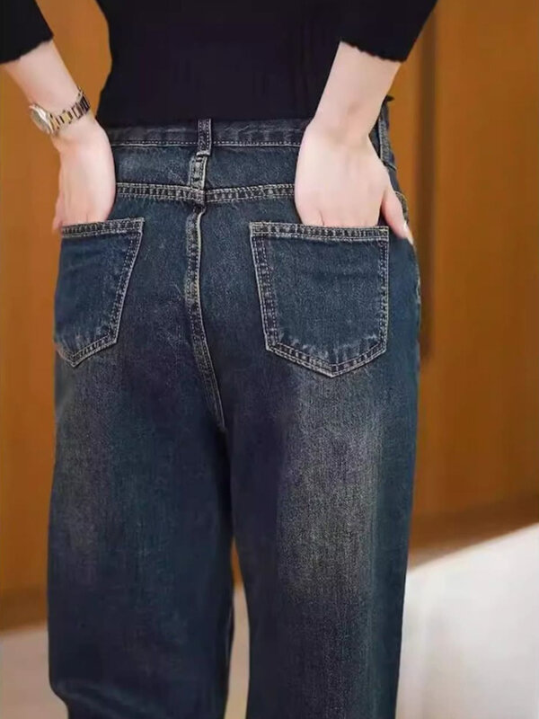 Jeans Frauen in voller Länge hohe Taille Vintage blau koreanische Mode gerade lose Frühling Freizeit Retro All-Match Streetwear stilvoll