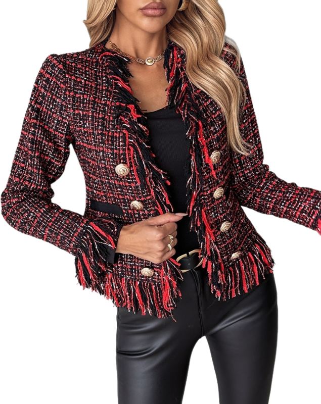 Abrigo pequeño de Tweed para mujer, prenda de oficina con doble botonadura y borlas, elegante y a la moda, novedad de invierno, 2023