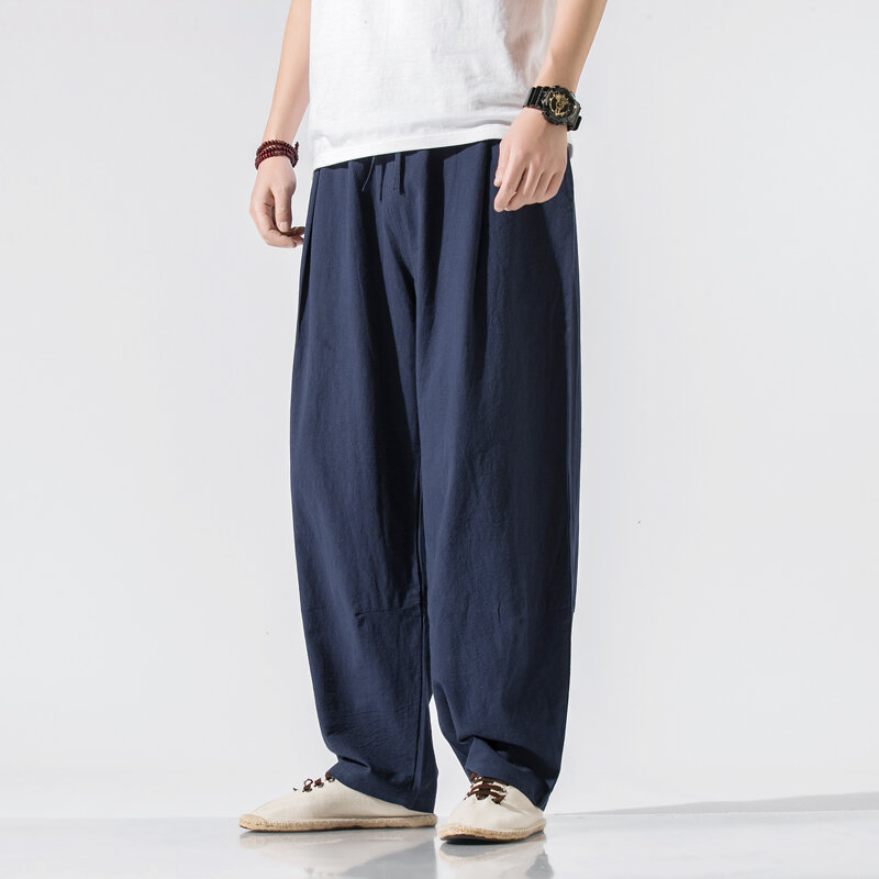 Celana Haren kasual pria celana panjang kaki lebar katun Linen celana olahraga Jogger pria celana gaya Harajuku pria Streetwear baru