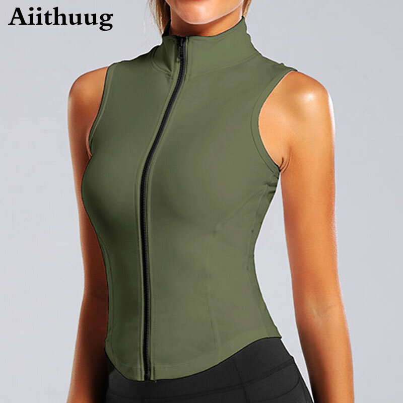 Aiithuug Athletic Zip Up Sweat Vest Jacket Sleeveless Running Yoga Tops High Neck Shirts Sports Top Fitness Women Workout Tops