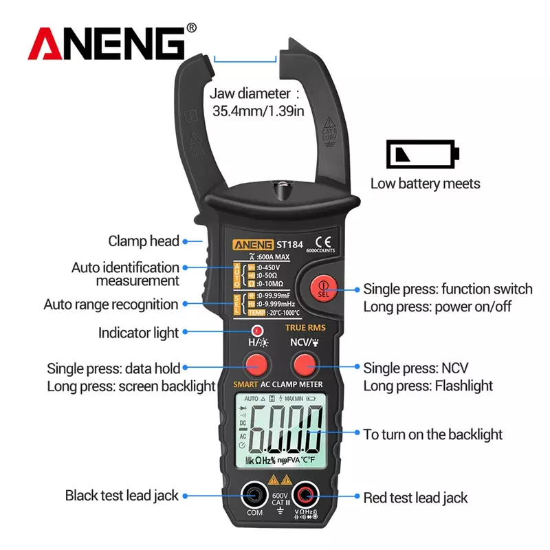 ANENG ST184 디지털 멀티 미터 클램프 미터 True RMS 6000 카운트 전문 측정 테스터 AC/DC 전압 AC 전류 옴