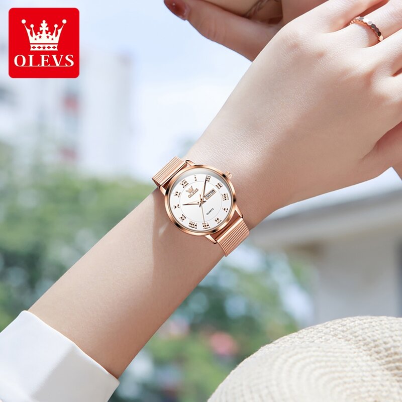 Modne damskie zegarki w kolorze różowego złota luksusowa marka Milanese stalowy pasek kalendarzowy tydzień wodoodporność zegarek świetlny dla kobiet