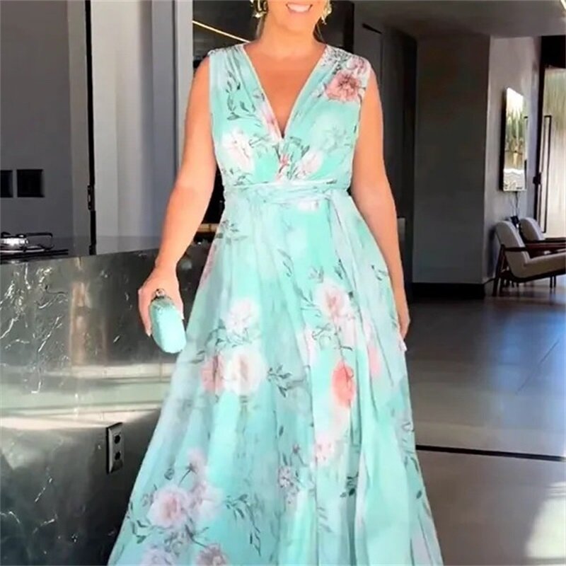 Elegant Women Printed Party Dress Sexy Chiffon Sleeveless Backless Female Cocktail Long Dresses 2024 New Lady Birthday Prom Gown