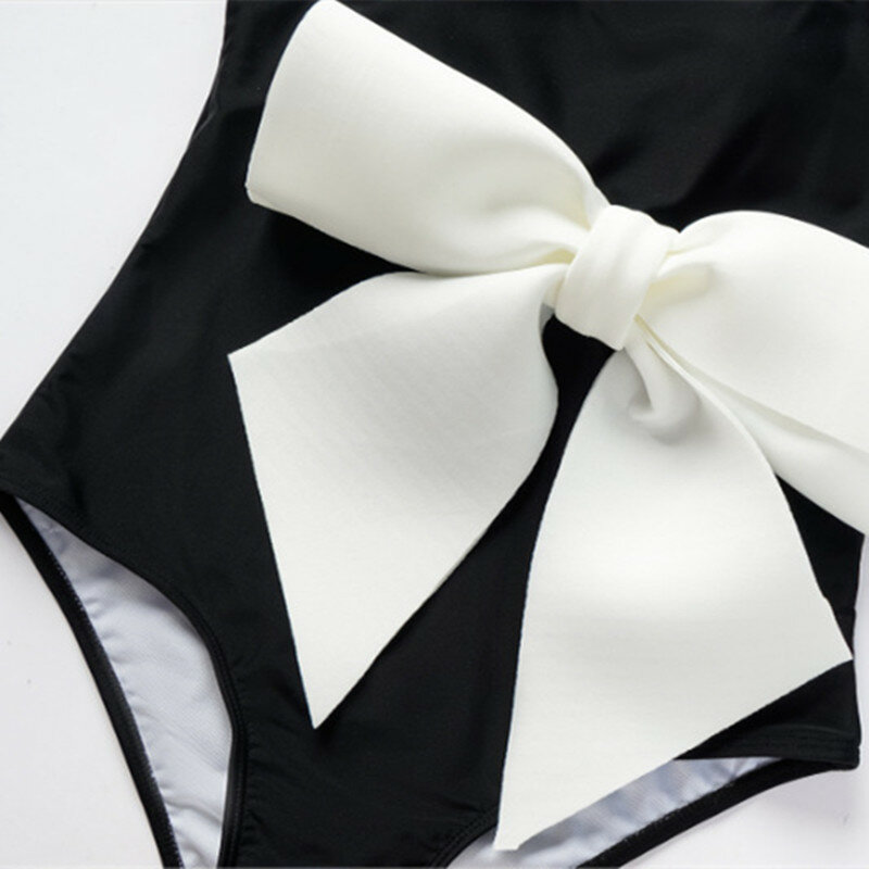 Conjunto de Bikini de una pieza para mujer, traje de baño de dos piezas con lazo estampado negro, estilo brasileño, ropa de playa, 2024