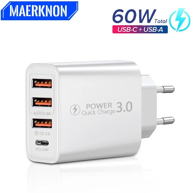 USB C Charger 60W Fast Charge Charger 4Ports PD TypeC Quick Charge3.0 Wall Power Adapter for iphone Xiaomi Samsung Phone Charger
