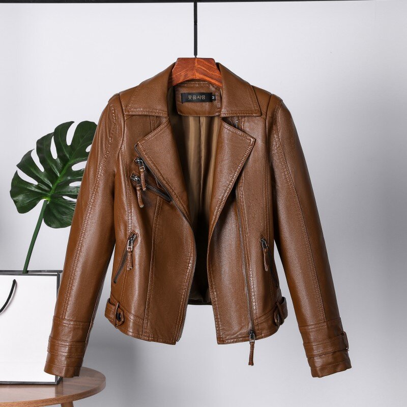 Leather Jacket Women's Solid Color Washed PU Zipper Slim Fit Suit Collar Spring and Autumn NewWaist-Tight Large Size Fashion 1Pc