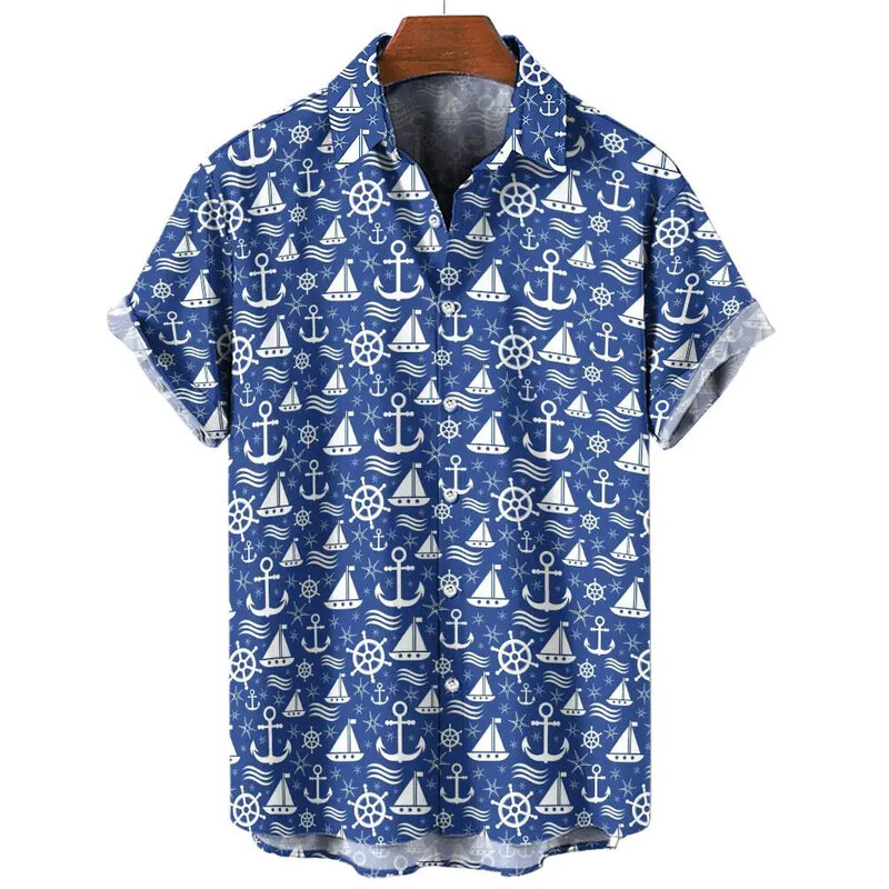 Camisa con estampado 3D de ancla de barco para hombre, ropa de gran tamaño para verano, viaje, Playa hawaiana, Harajuku, 2024
