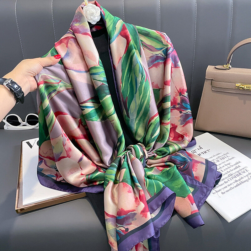 Luksusowa marka Lrage jedwabny szal kobiety popularny nadruk ciepły hidżab modny projekt satynowe wykończenie szal cztery pory roku 180x90cm szaliki